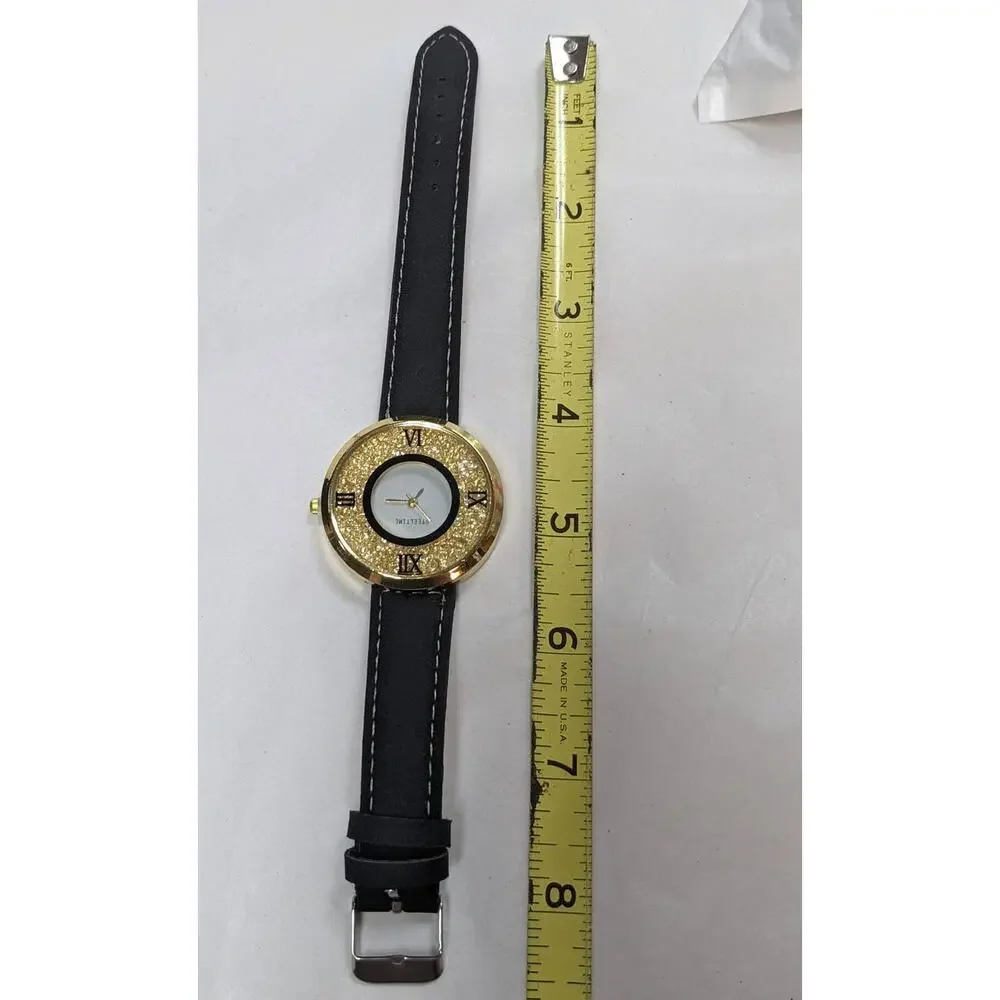 Steeltime Wrist Watch Black Faux Leather Loose Crystal Window Dial Roman Numeral
